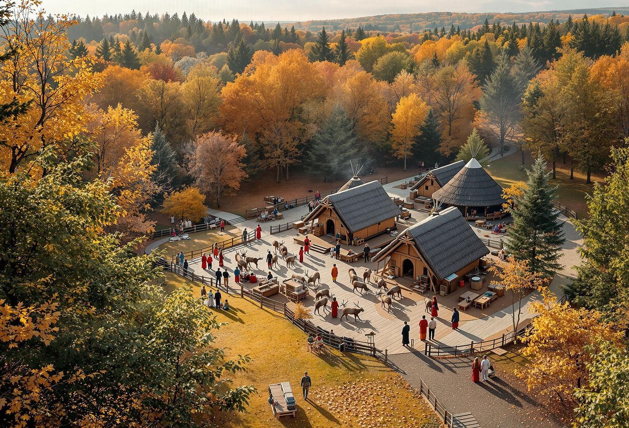 A photograph capturing a Sami camp in Skansen, Sweden, during the autumn season. The image showcases traditional Sami dwellings, reindeer, and costumed interpreters surrounded by colorful fall foliage.