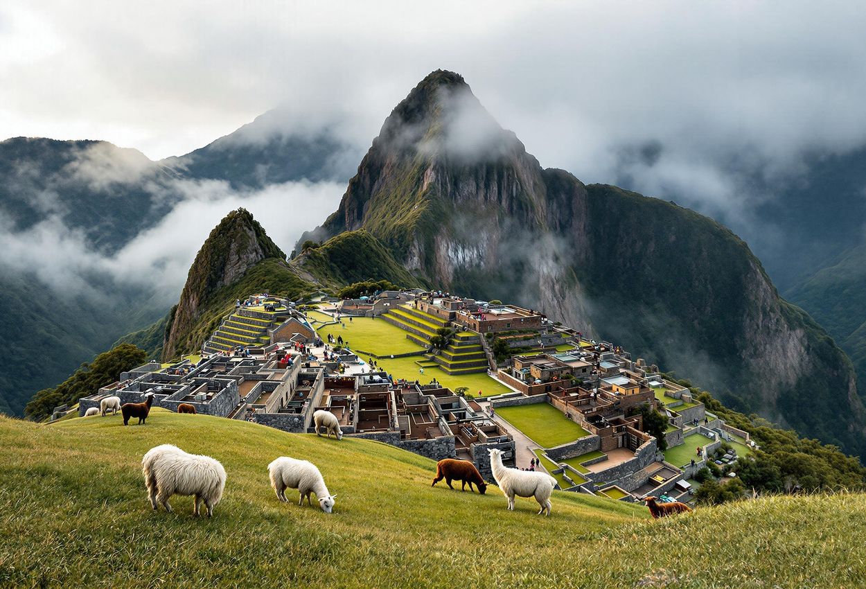 A panoramic photograph of Machu Picchu shrouded in mist at sunrise, showcasing the intricate stonework, grazing llamas, and the grandeur of the Andes Mountains.