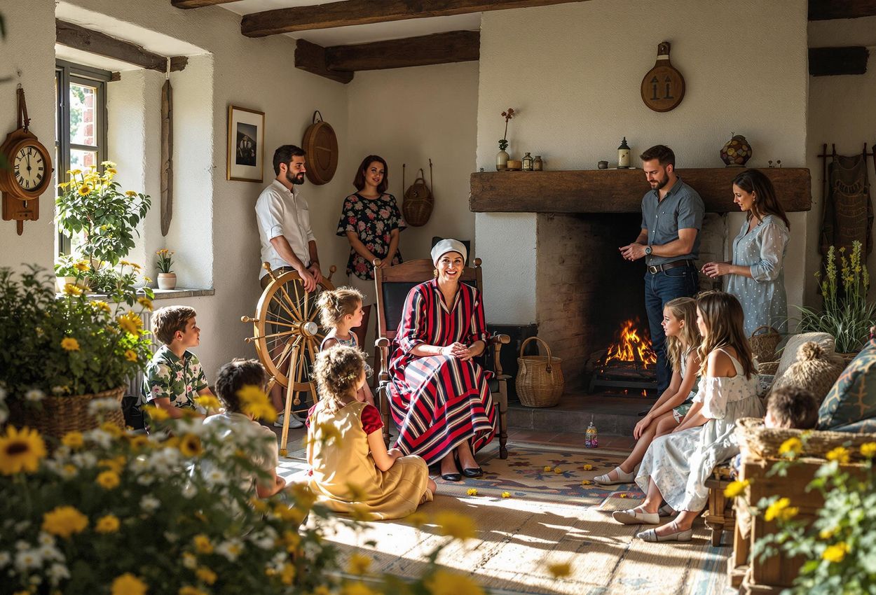 A medium shot captures a storyteller captivating visitors inside a traditional Welsh cottage at St Fagans National Museum of History on a sunny summer day.