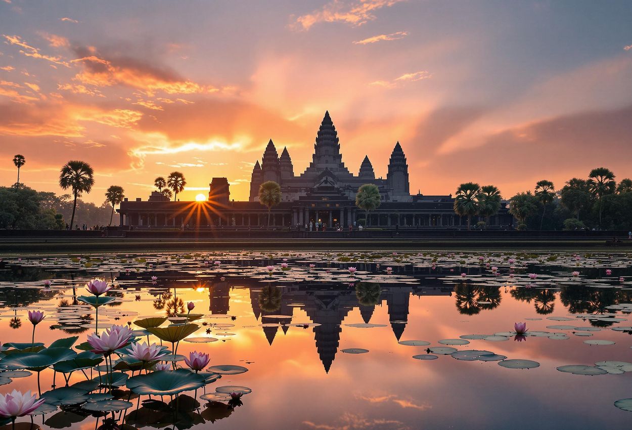 A serene photograph captures Angkor Wat at sunrise, its silhouette mirrored in the surrounding moat. The sky is painted with vibrant hues of orange, pink, and purple, creating a breathtaking scene of tranquility and timeless beauty.