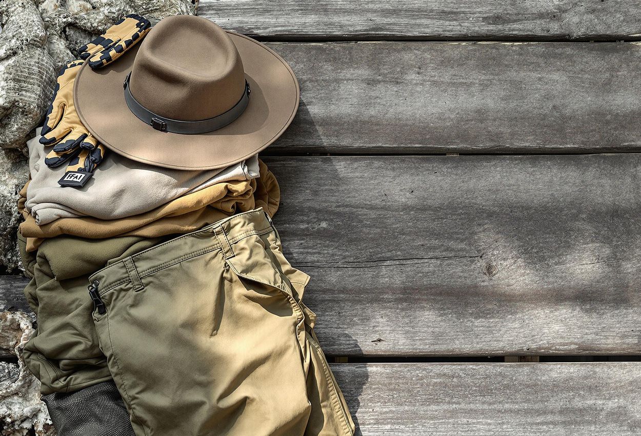 A photograph showcasing neatly folded clothing essential for an archaeological dig, emphasizing preparedness and durability. The scene is brightly lit, highlighting the textures and practical features of each item.