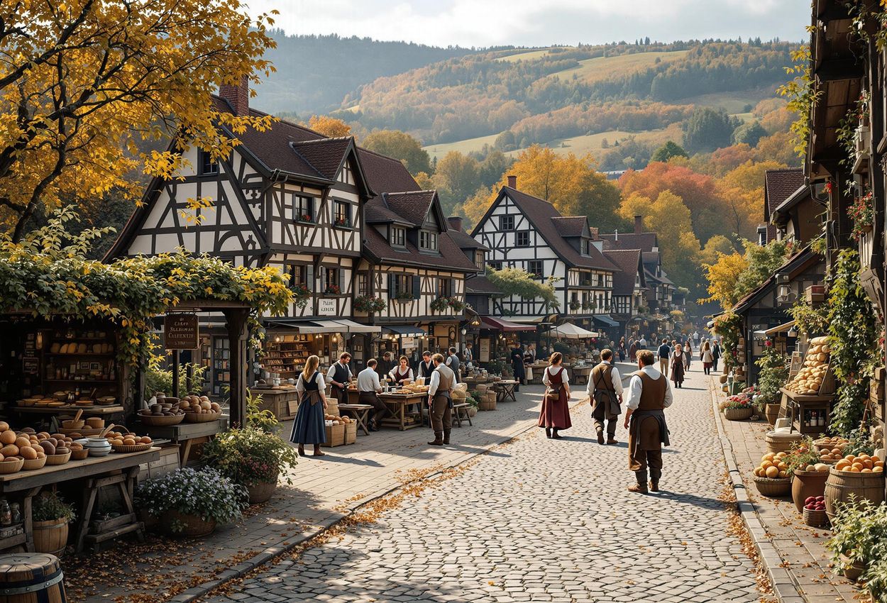 A detailed photograph of the Kommern Open Air Museum in Germany, depicting a historical marketplace scene with reenactors in traditional attire during the autumn season.