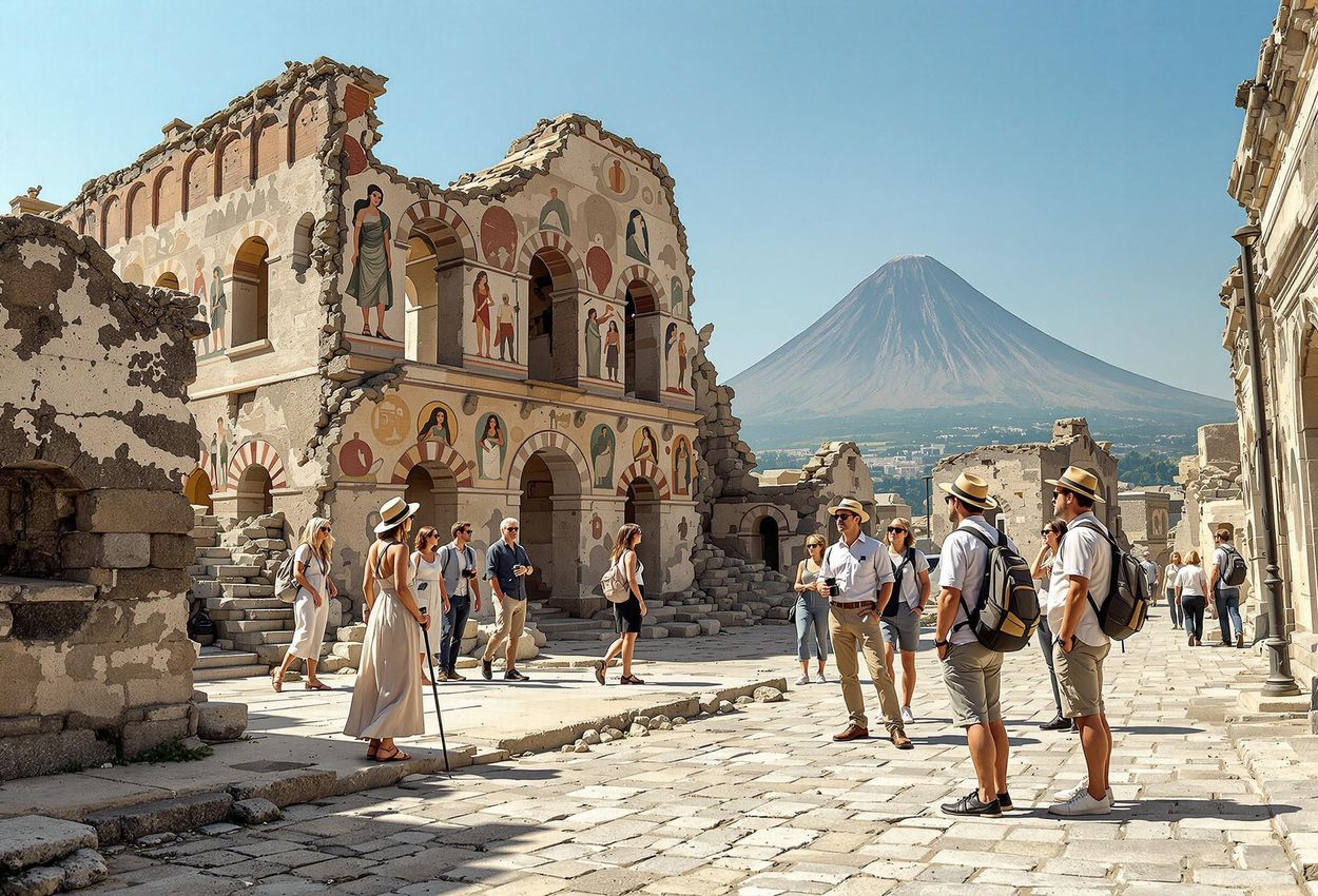 A photograph capturing a detailed street scene in Pompeii, Italy, showcasing well-preserved cobblestone streets, ancient Roman ruins with visible frescoes, and a group of tourists listening to a guide.