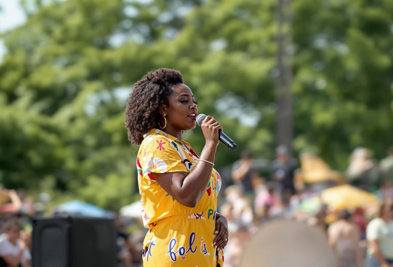 A medium shot of Lucy Nichols performing at the Juneteenth Free Day in Conner Prairie, Indiana. The image captures the vibrant celebration and cultural heritage of the event.