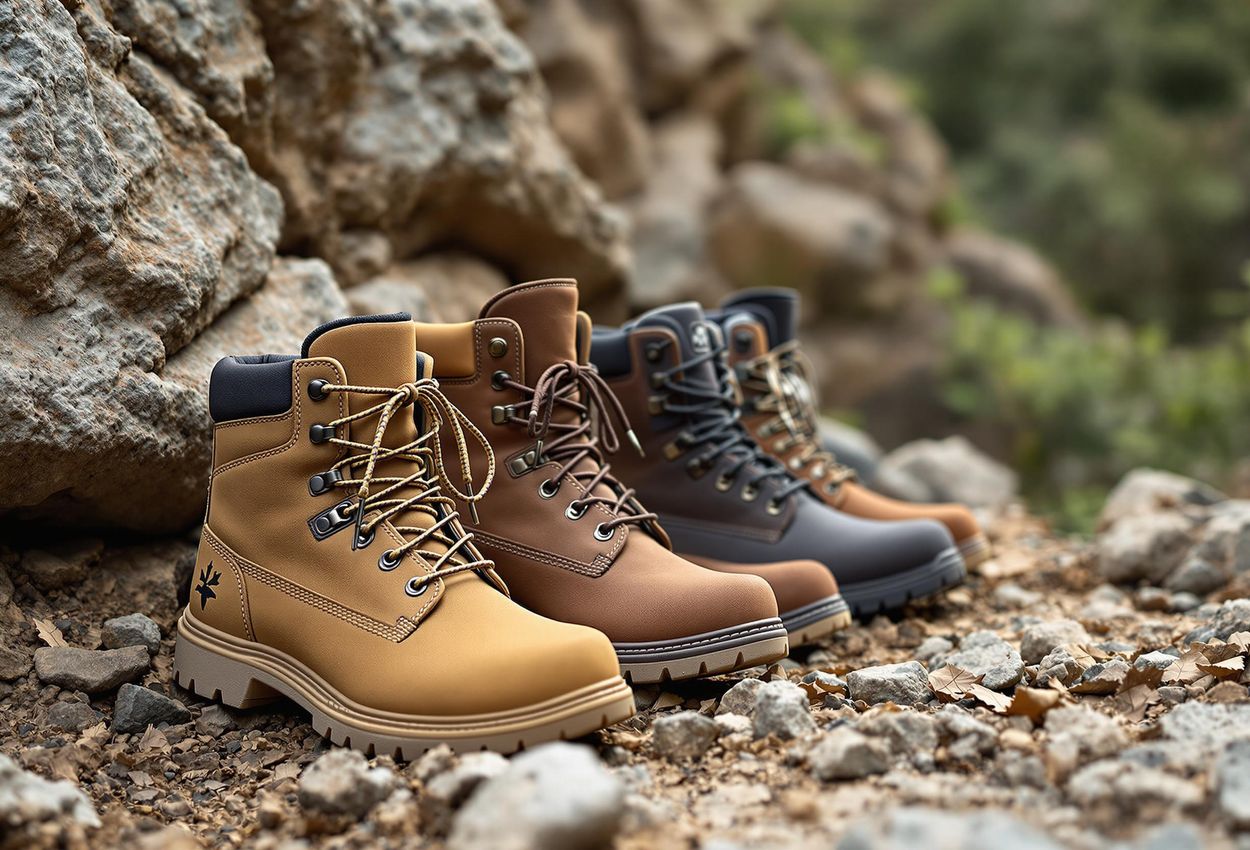 A photograph showcasing a selection of sturdy work boots and socks suitable for archaeological digs, emphasizing durability, traction, and foot protection on rocky terrain.
