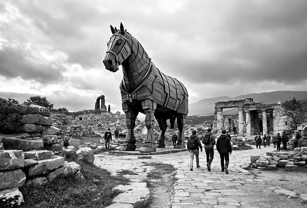 A black and white photograph capturing the iconic Trojan Horse at the archaeological site of Troy, with tourists exploring the ancient ruins under an overcast sky.
