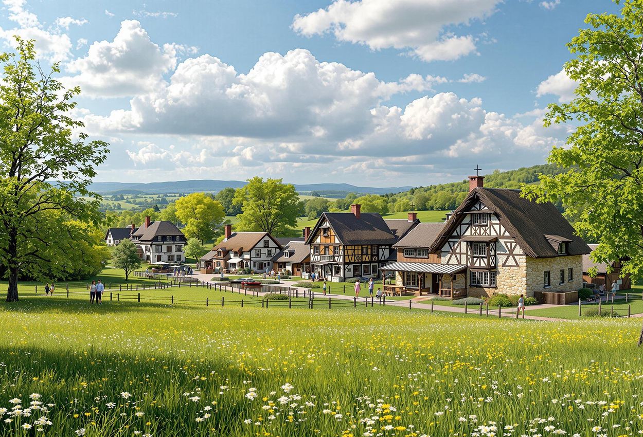 A wide-angle photograph captures the Frontier Culture Museum in Staunton, Virginia, showcasing traditional rural buildings from Europe, Africa, and America in a vibrant spring setting.