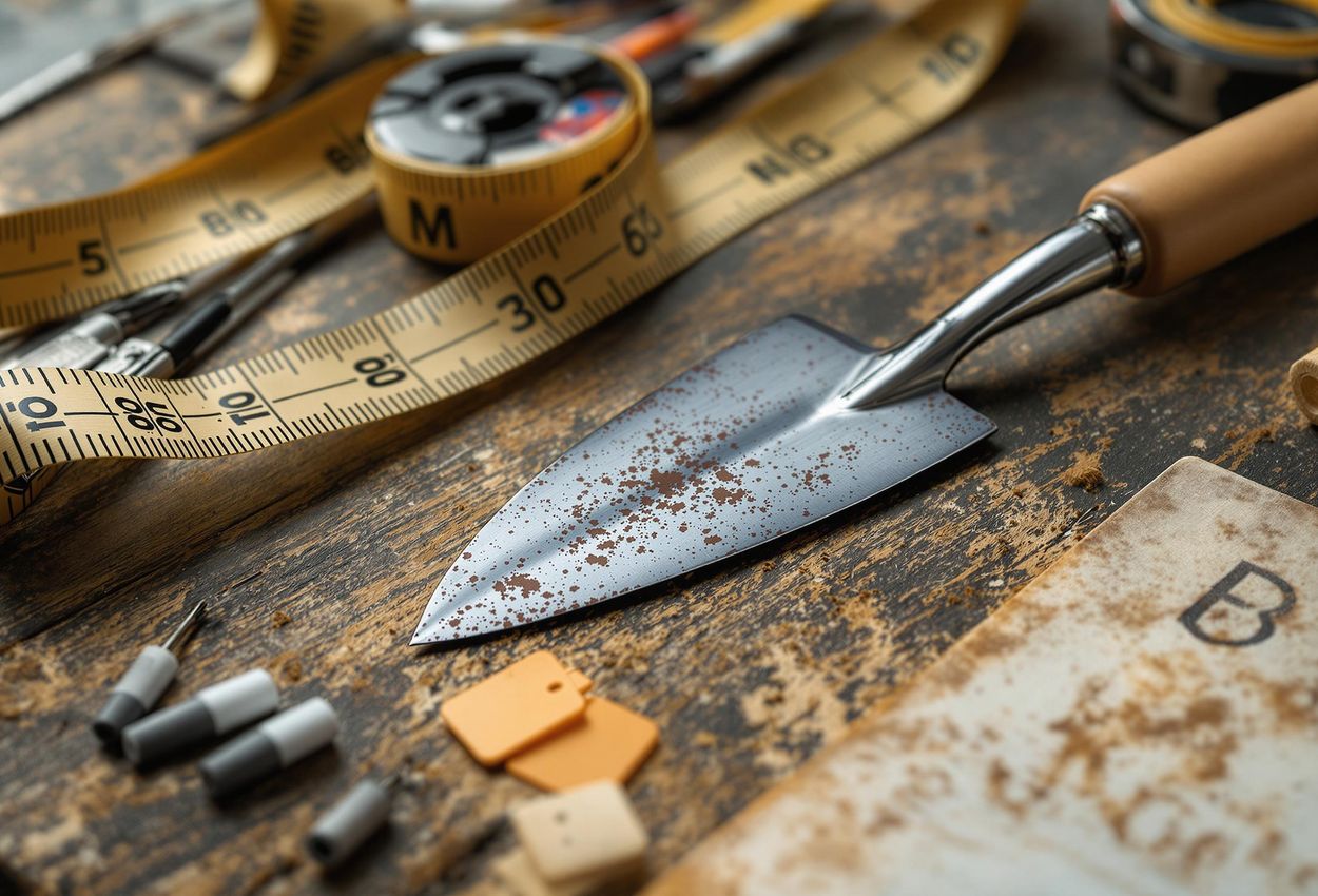 A detailed photograph of essential archaeological tools, including a trowel, measuring tape, and field notebook, arranged on a weathered wooden table, emphasizing the precision and care required for archaeological excavation.