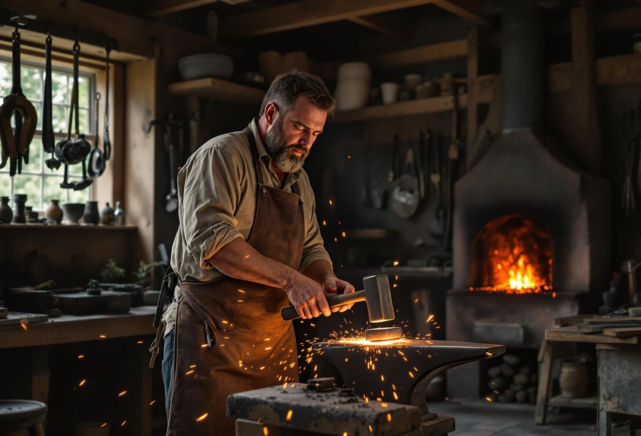 A medium shot of a blacksmith in his shop at Old World Wisconsin, Eagle, Wisconsin, on July 4, 2025. The image captures the details of the blacksmith