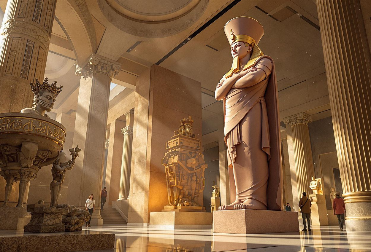 A detailed photograph of a colossal pink granite statue of a Ptolemaic king from Heracleion, on display at the Grand Egyptian Museum in Giza. The image captures the intricate details and dramatic lighting of this ancient artifact.