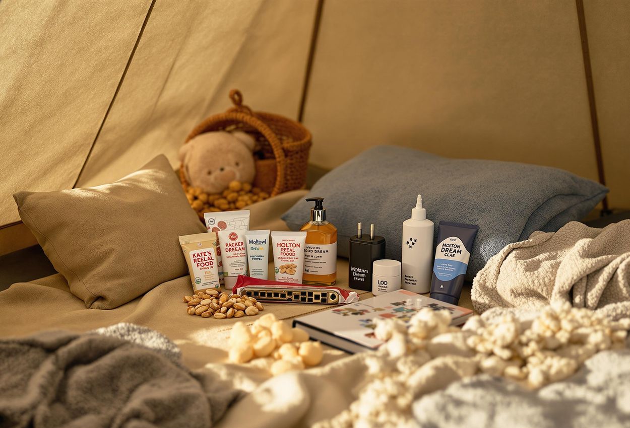 A photograph showcasing a curated selection of comfort items inside a tent, providing a relaxing and rejuvenating atmosphere during an archaeological dig.