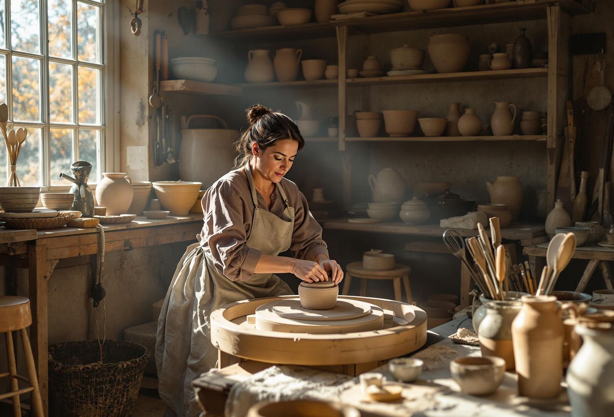 A photograph of a potter creating traditional stoneware at the Genesee Country Village and Museum in Mumford, New York. The scene captures the authentic atmosphere of a 19th-century pottery shop.