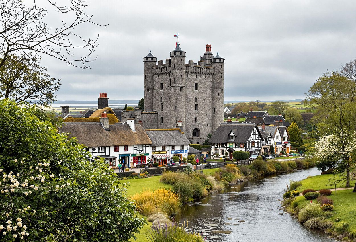 A wide-angle photograph of Bunratty Castle and Folk Park in Ireland during spring, showcasing the castle, folk park, and surrounding landscape.