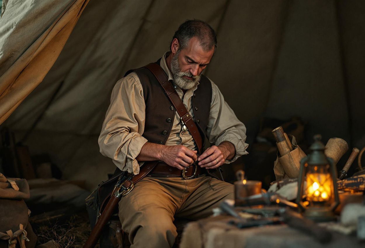 A detailed photograph of an 18th-century reenactor carefully adjusting his leather belt buckle, showcasing the historical accuracy of his colonial militia uniform inside a dimly lit tent.
