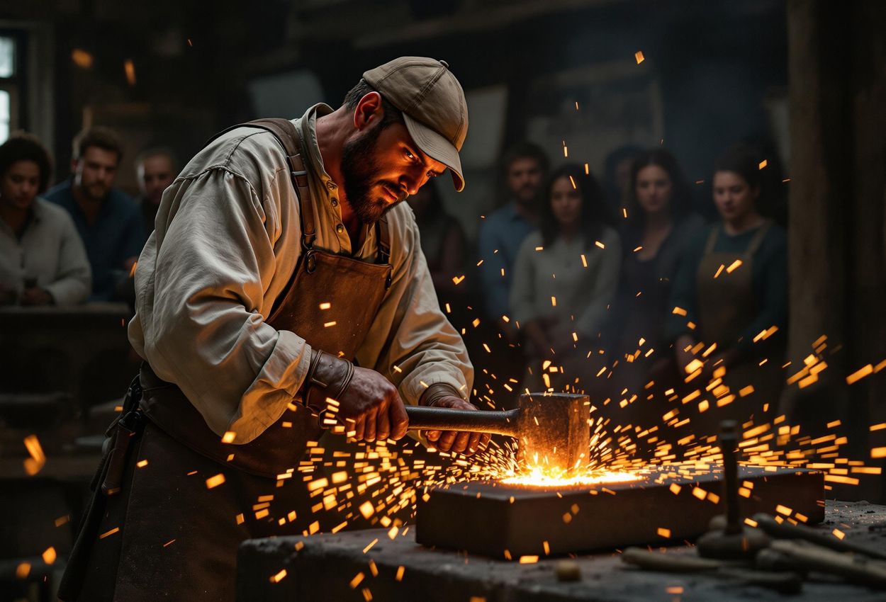A photograph capturing a colonial blacksmith reenactor hammering red-hot metal at a forge, surrounded by fascinated onlookers during a living history event.