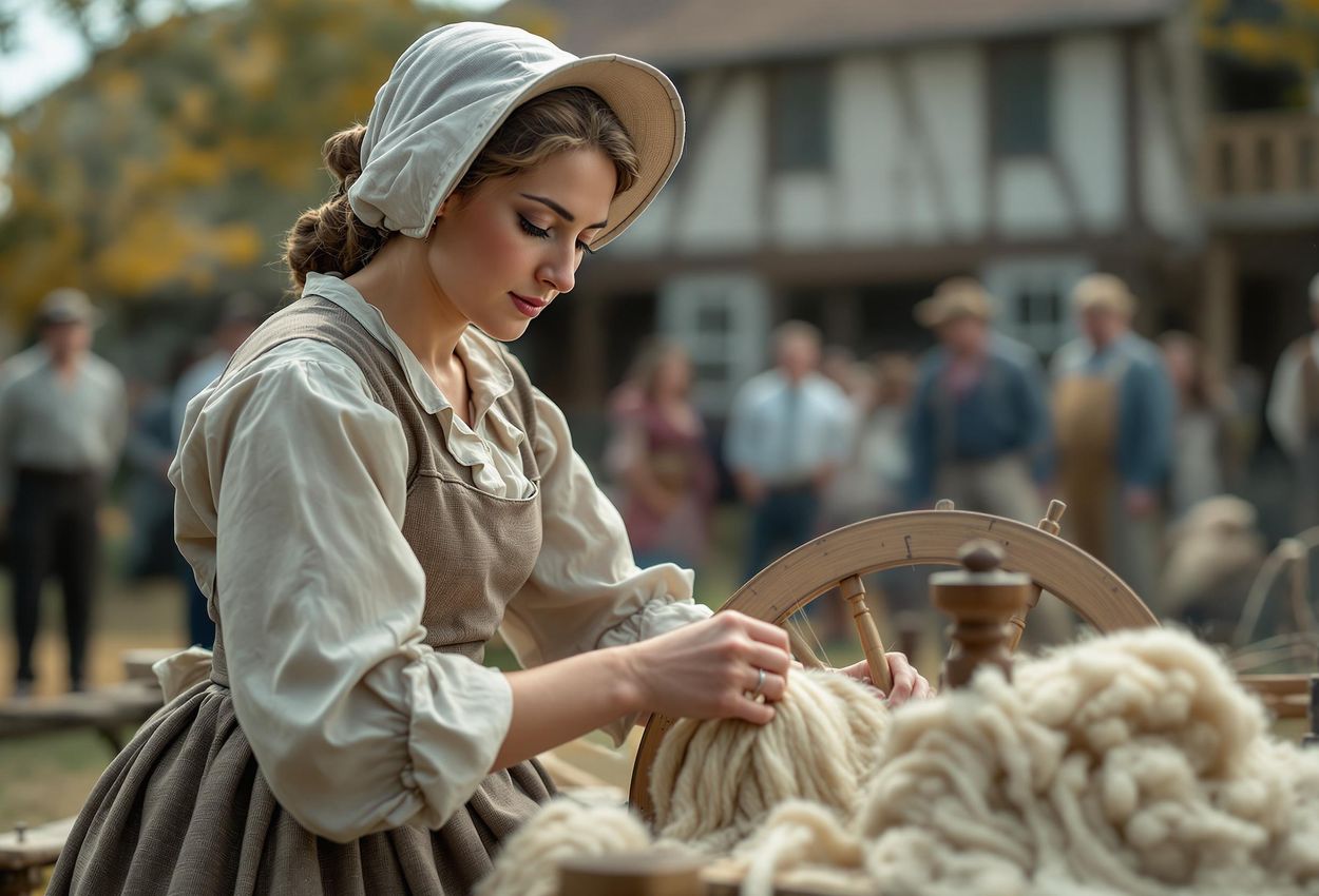 A close-up photograph of a colonial woman reenactor demonstrating the art of spinning wool at a living history event. The image captures the skill, dedication, and historical immersion of the scene.