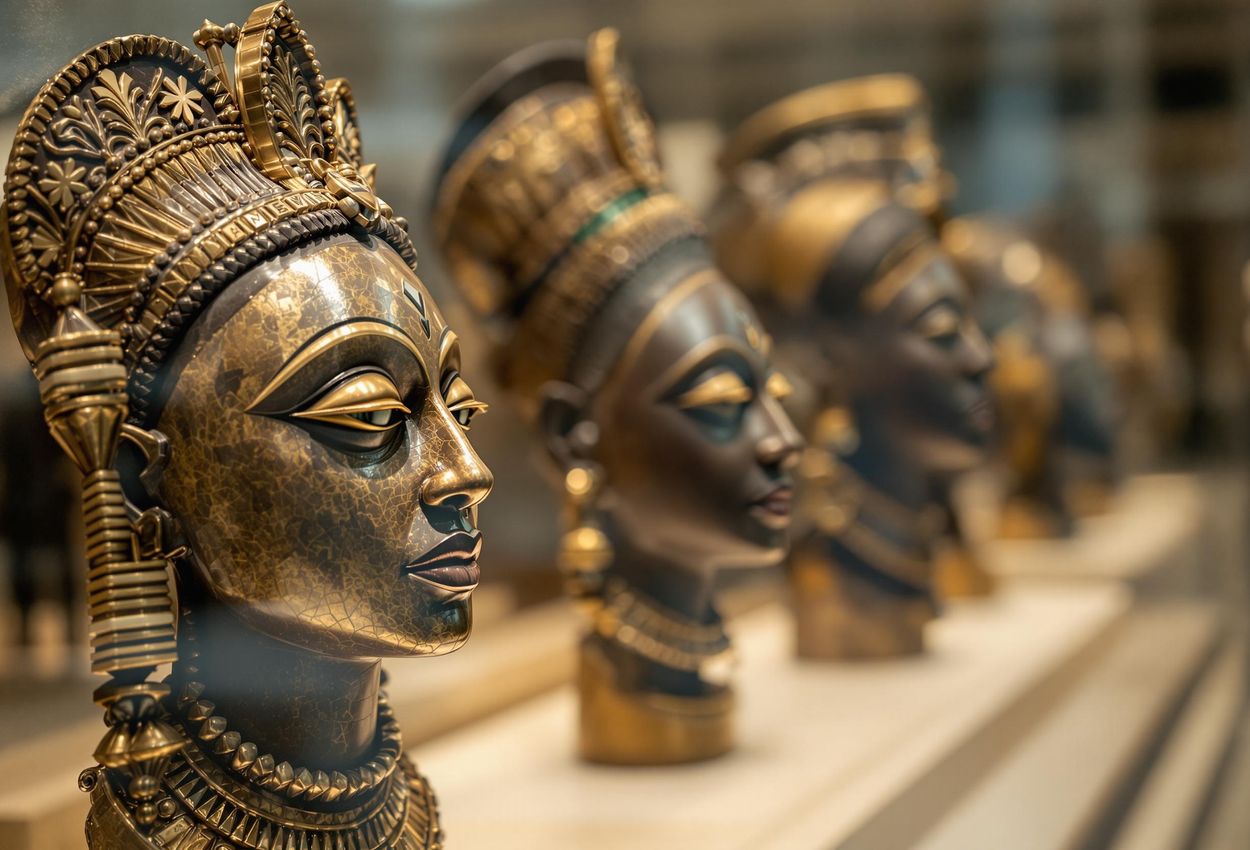 A detailed photograph of Benin Bronzes in a museum, showcasing their intricate craftsmanship and cultural significance.