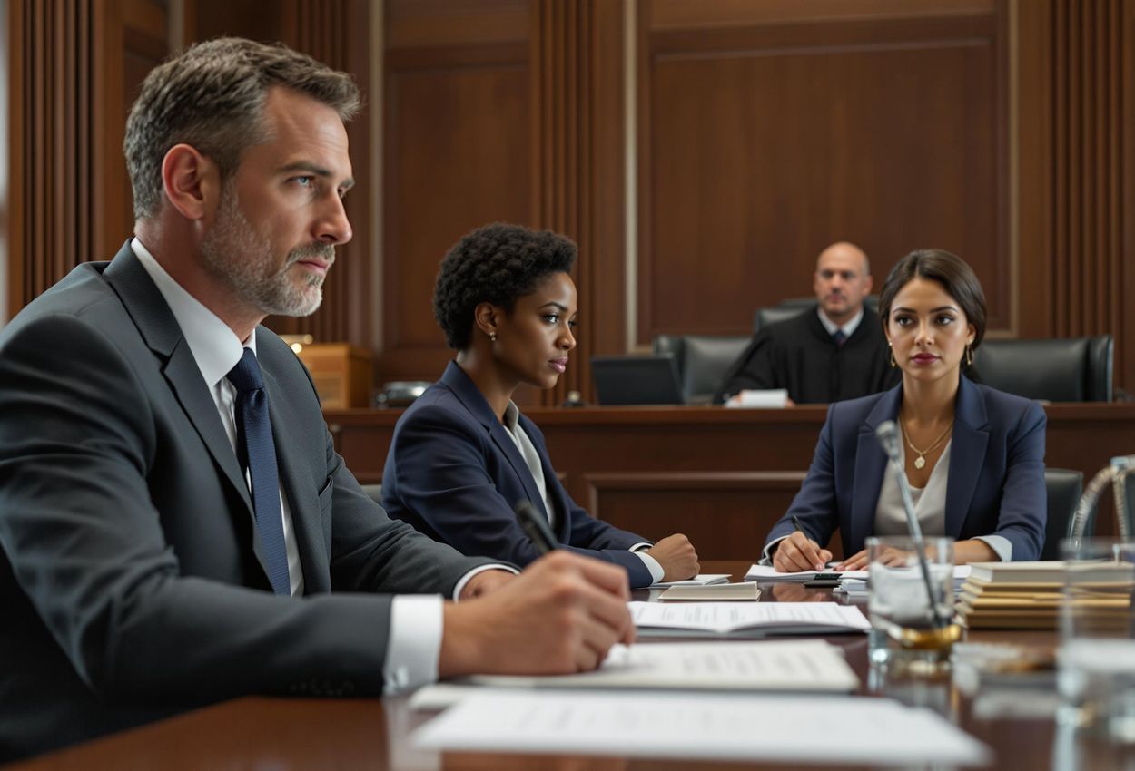 A photograph of a human rights court in session, with lawyers arguing a case related to the restitution of cultural objects. The scene is illuminated by soft, natural light.
