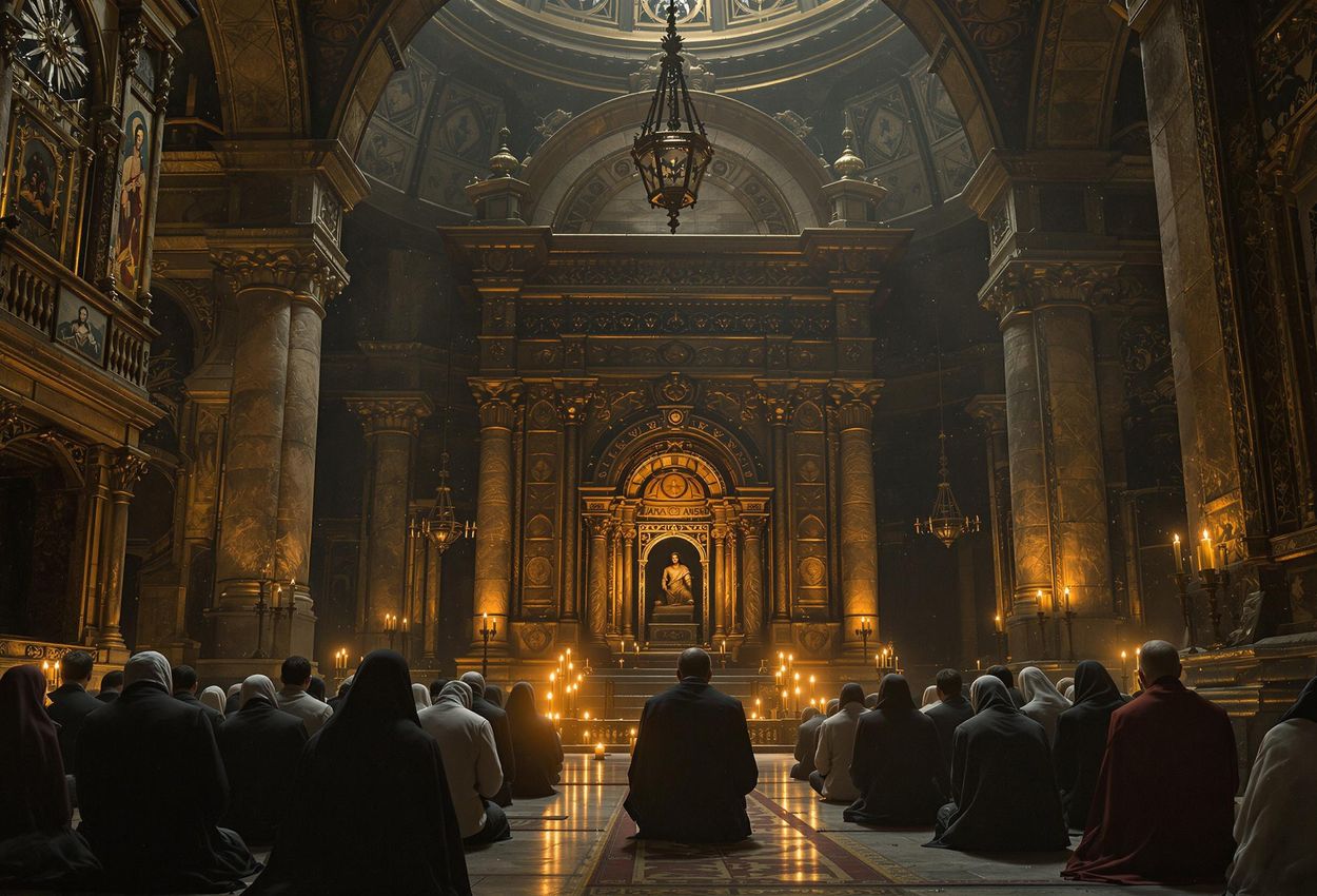 A photograph capturing the dimly lit interior of the Church of the Holy Sepulchre, focusing on the Aedicule and the devout pilgrims within.