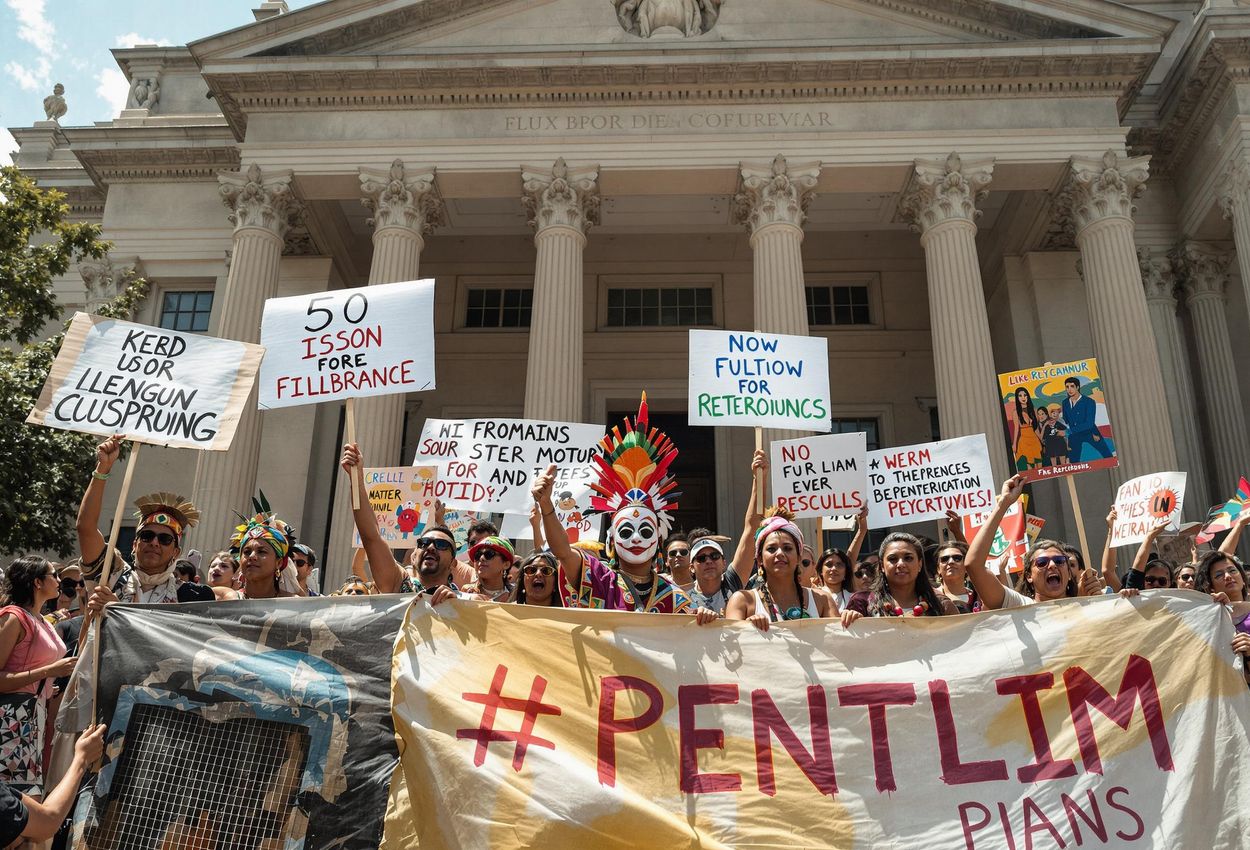 A photograph of indigenous people protesting in front of a museum, advocating for the return of their cultural artifacts on August 1, 2025.