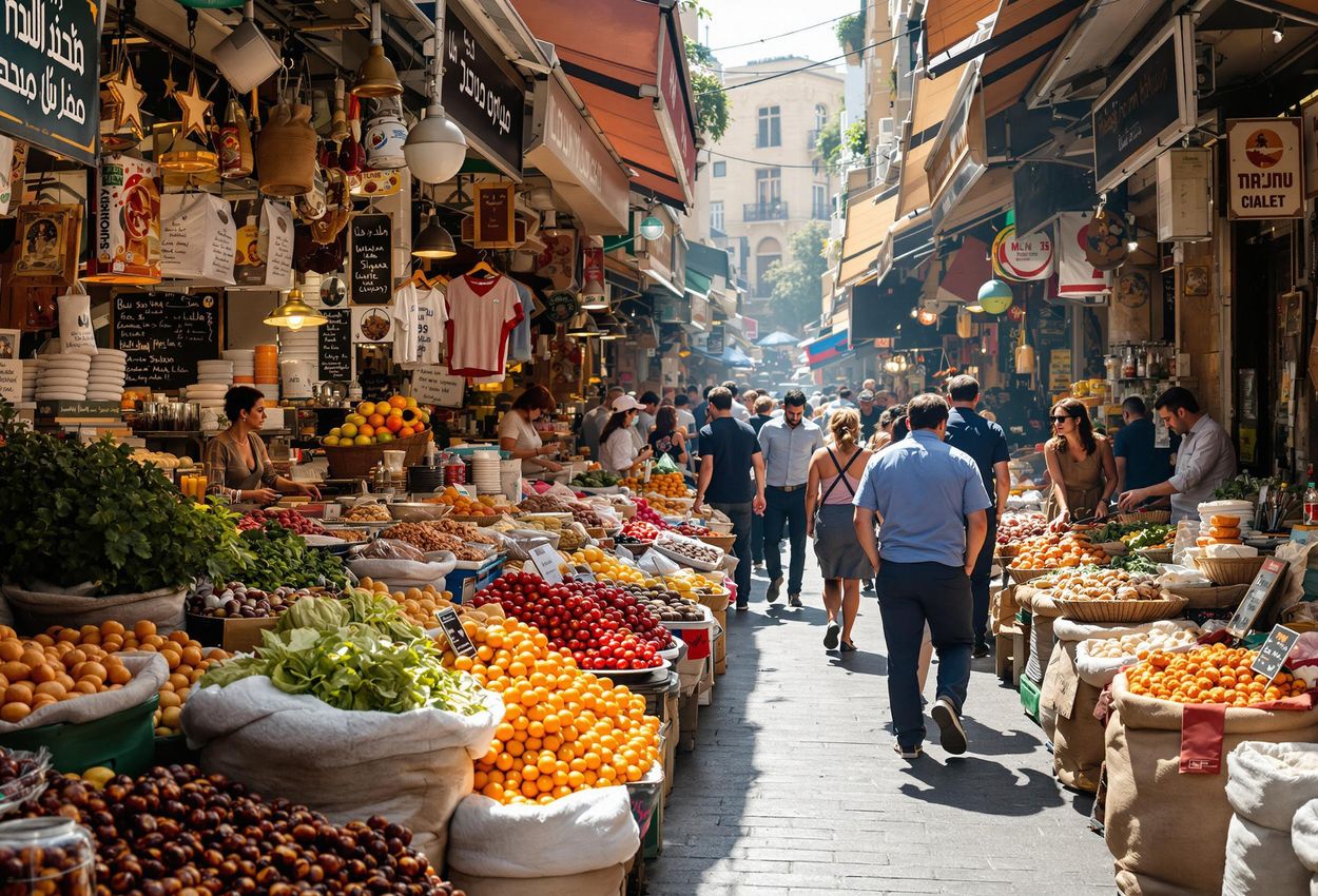 A bustling market scene at Machane Yehuda Market in Jerusalem, showcasing the diverse array of food and goods on offer.
