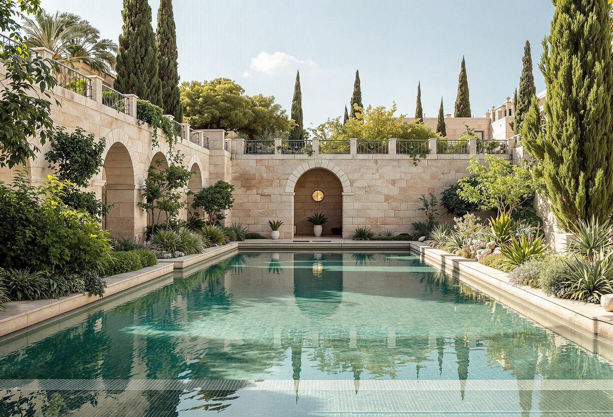 A serene photograph capturing the timeless beauty of the Mamilla Pool in Jerusalem, showcasing its ancient stonework, tranquil waters, and lush surroundings.