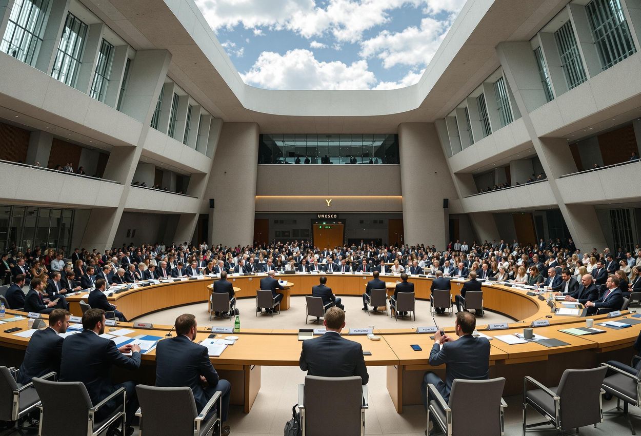 A photograph capturing the UNESCO World Heritage Committee session in Paris, July 2025, showcasing global collaboration in preserving cultural heritage.