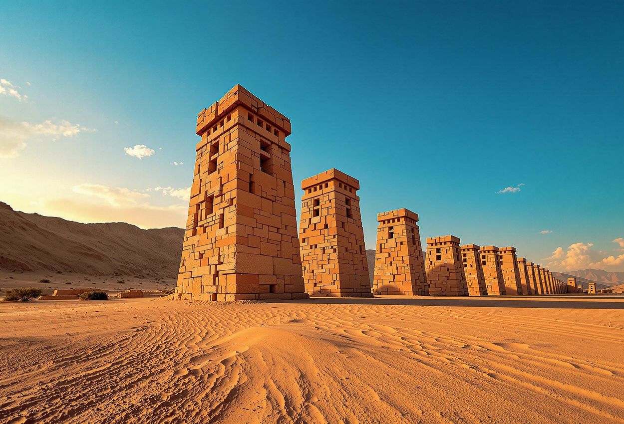 A stunning photograph of the Thirteen Towers of Chankillo, an ancient solar observatory in the Casma Valley, Peru. The image captures the beauty and historical significance of this UNESCO World Heritage Site.