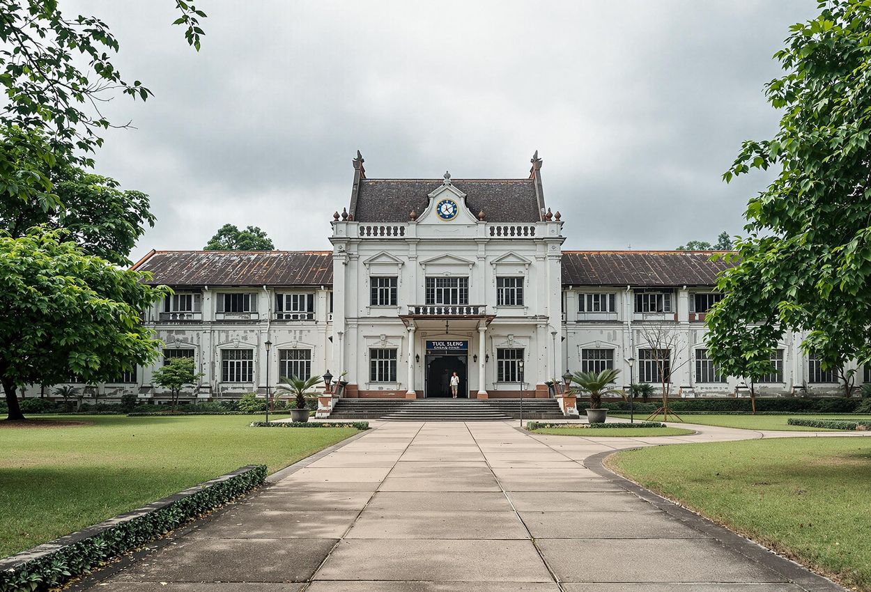 A photograph of the Tuol Sleng Genocide Museum in Phnom Penh, Cambodia, capturing its solemn atmosphere and historical significance as a memorial to the victims of the Khmer Rouge regime.