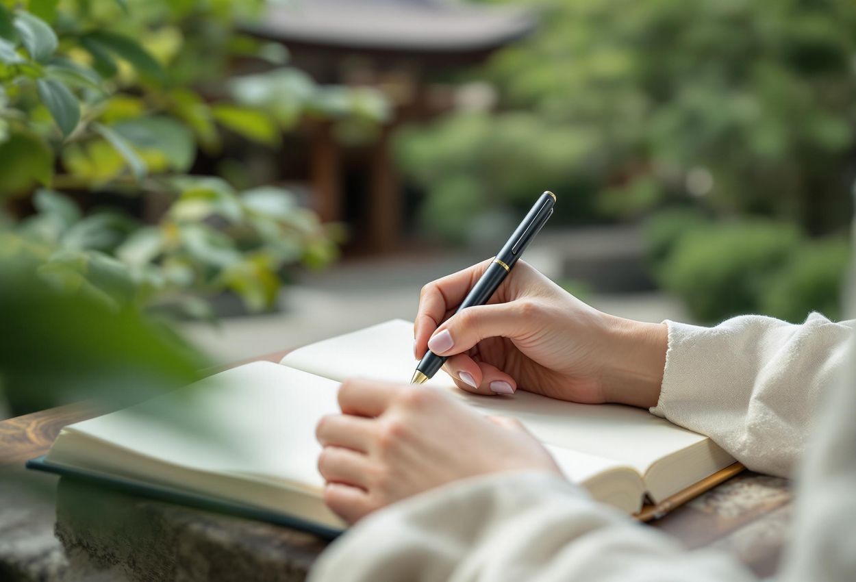 A photograph capturing a serene moment of a woman writing in her journal amidst the lush greenery and traditional architecture of a peaceful temple garden.