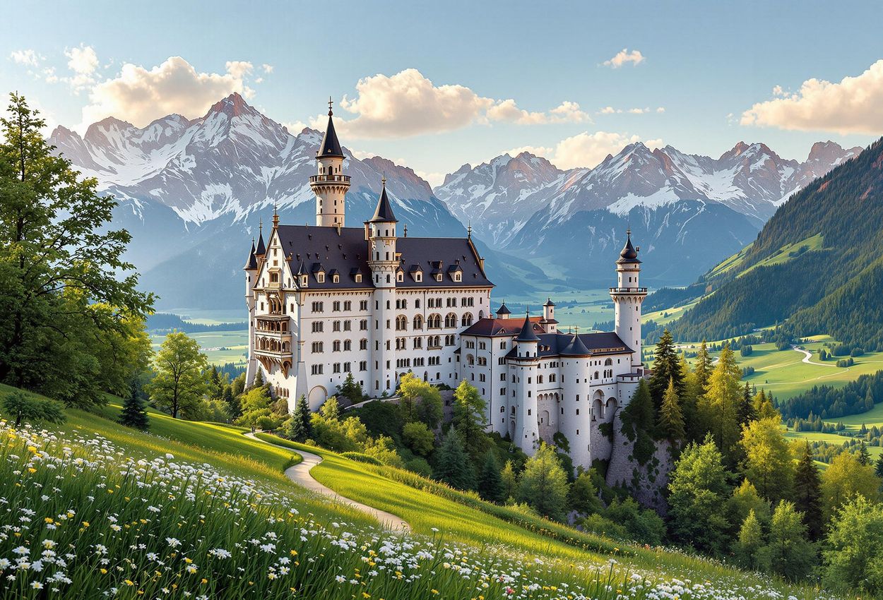 A stunning photograph of Neuschwanstein Castle, a 19th-century palace in Bavaria, Germany, set against a breathtaking alpine backdrop. The image captures the castle