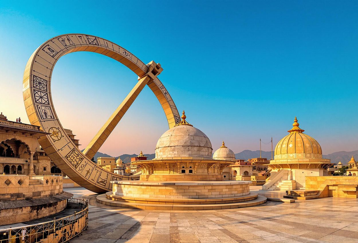 A wide, detailed photograph of the Jantar Mantar in Jaipur, showcasing its collection of 18th-century astronomical instruments under a warm, clear sky.