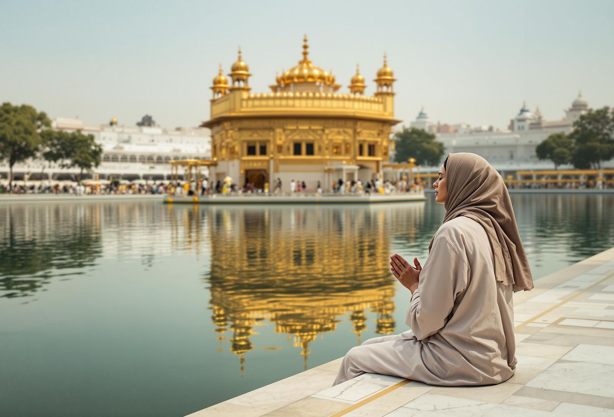 A photograph capturing a pilgrim in prayer at the Golden Temple in Amritsar, India, reflecting the temple