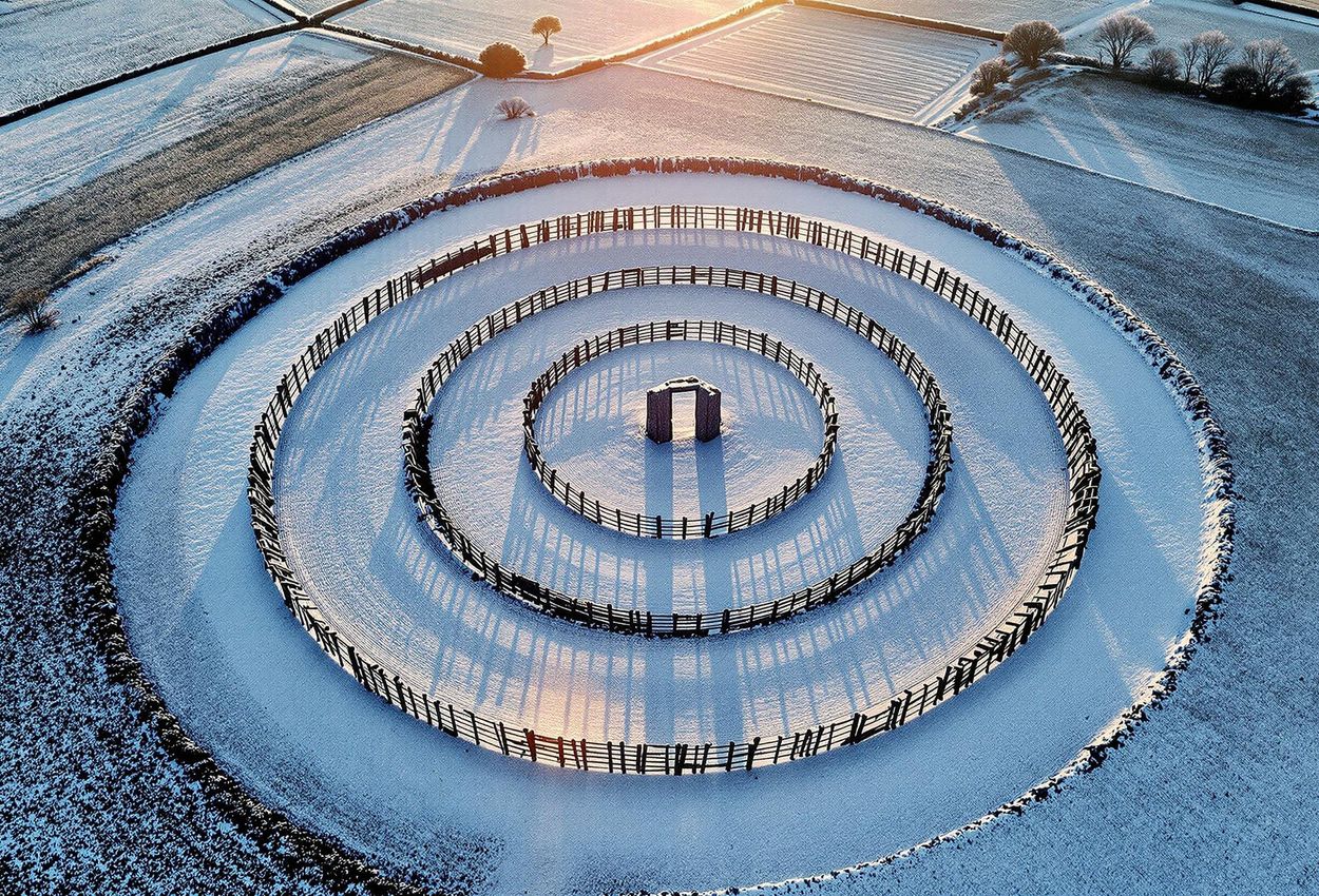 An aerial photograph of the Goseck Circle, a Neolithic structure in Germany, taken at winter solstice sunrise. The image highlights the circle