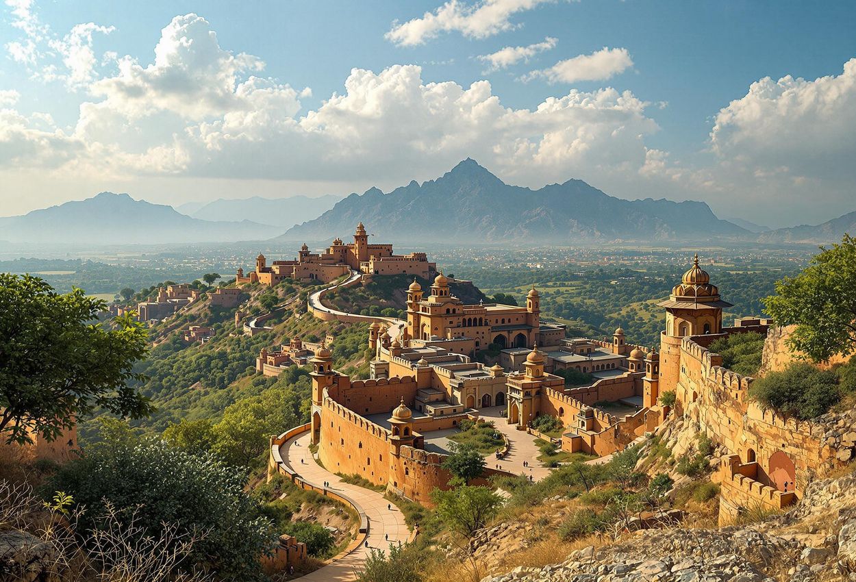 A breathtaking landscape photograph showcasing the Maratha Military Landscapes in India, featuring strategically positioned forts amidst rugged terrain. A testament to the Maratha Empire