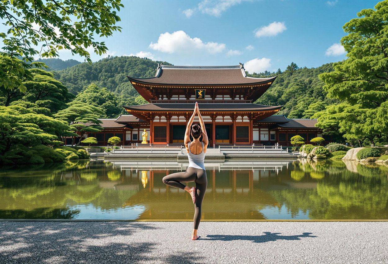 A photograph of a woman practicing yoga in the tranquil gardens of Byodo-in Temple, with the iconic Phoenix Hall reflected in the pond. A serene scene capturing the beauty of Uji, Japan.