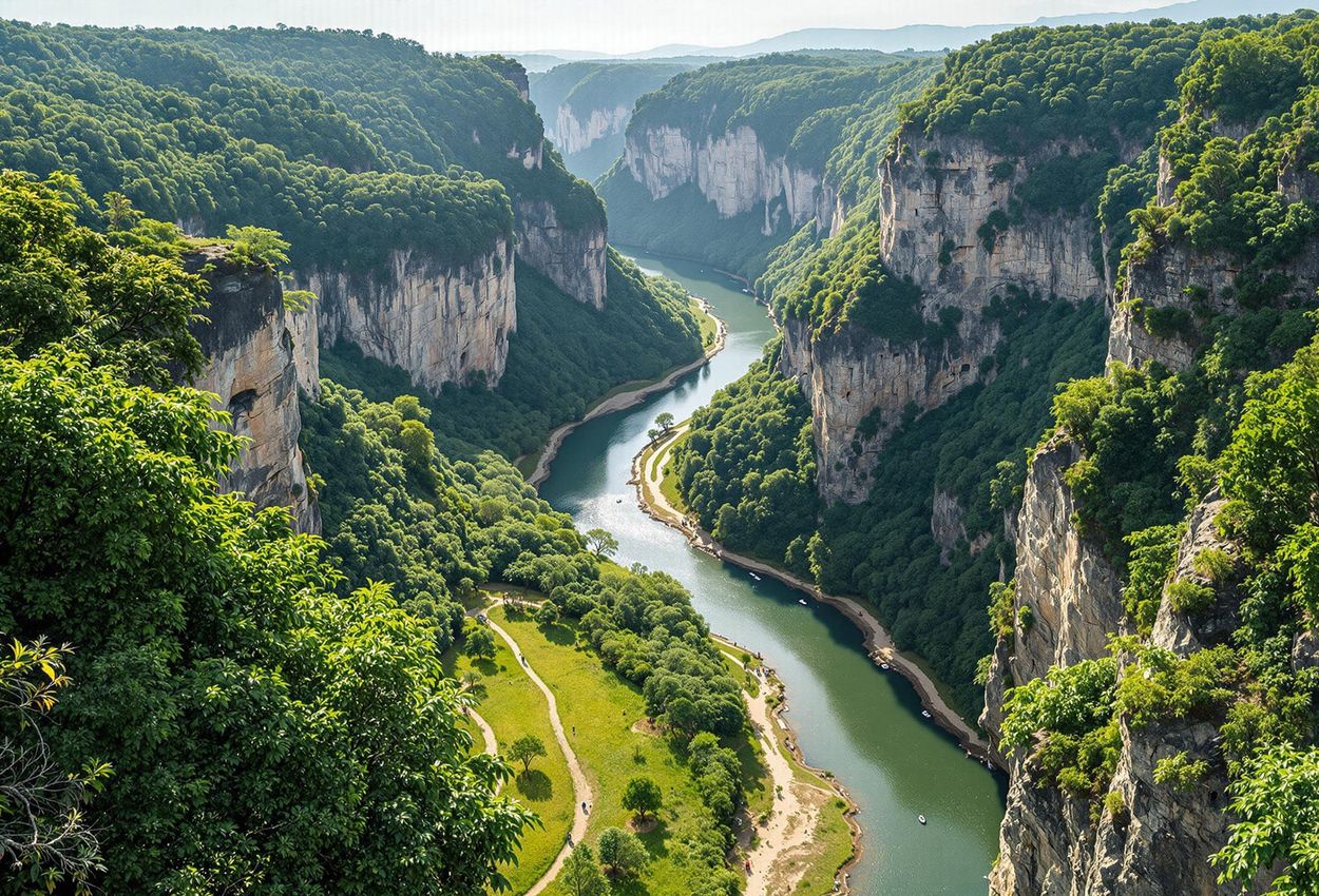 An aerial photograph showcases the stunning Peruaçu River Canyon in Brazil, featuring its winding river, towering limestone cliffs, and lush vegetation.
