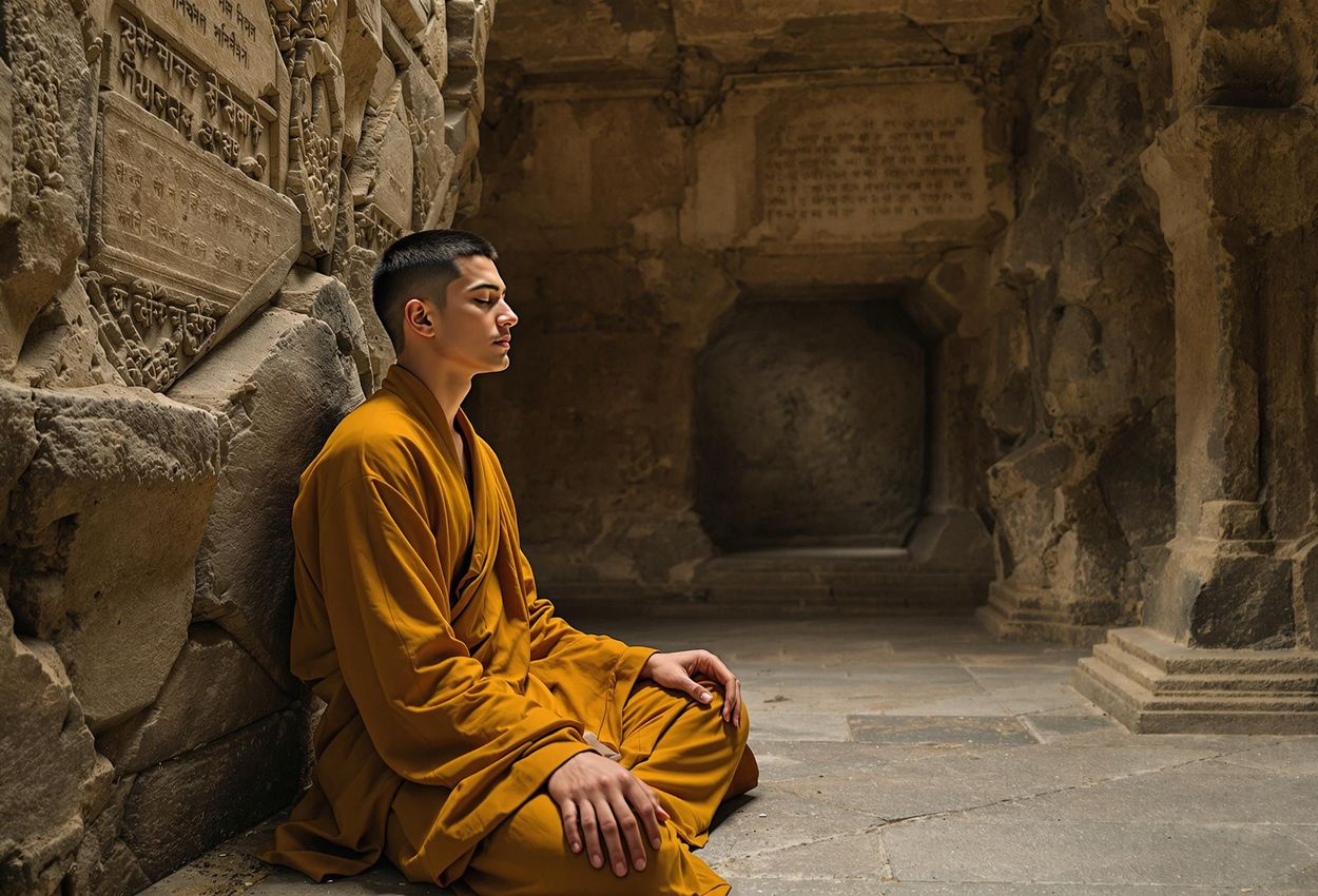A photograph capturing a person in deep meditation within the ancient Junagarh Buddhist Caves in Gujarat, India. The image highlights the serene atmosphere and the intricate details of the cave