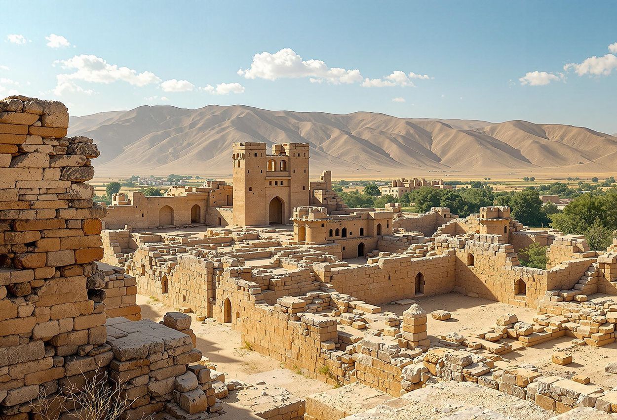 A detailed photograph of the Qalai Hulbuk archaeological complex in Tajikistan, showcasing the remains of the palace and its intricate architectural details.