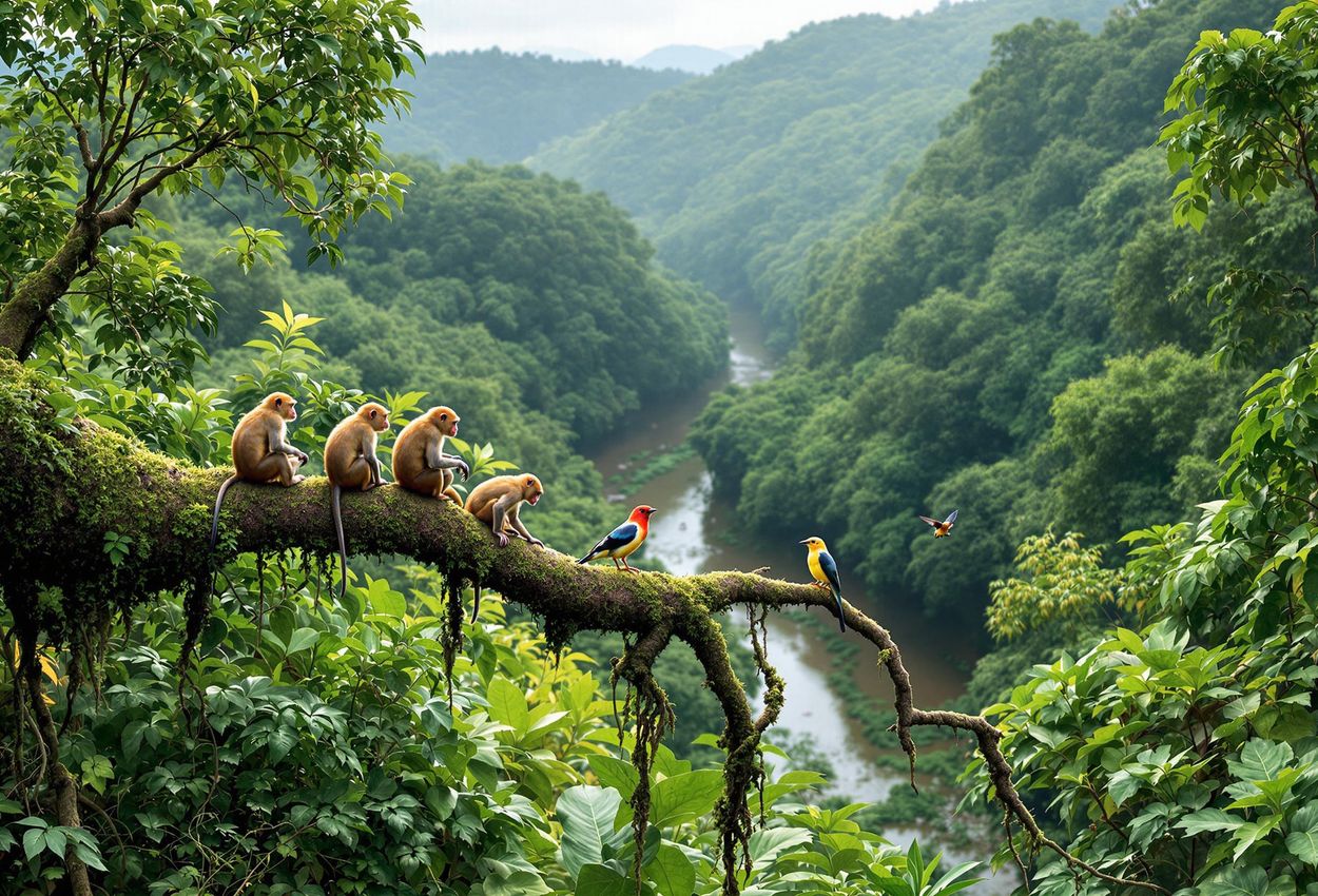A panoramic photograph capturing the lush rainforest and diverse wildlife of the Gola-Tiwai Complex in Sierra Leone, a newly designated UNESCO World Heritage Site.