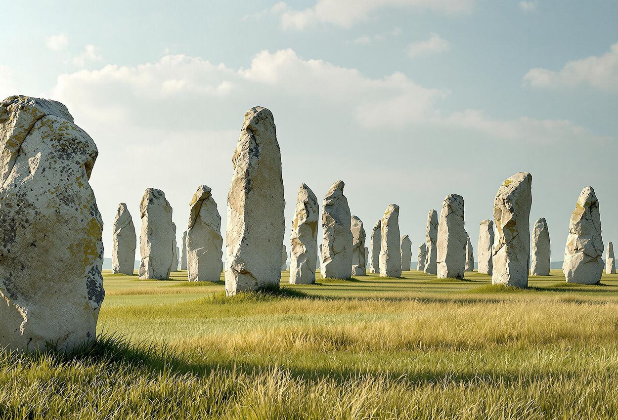 A photograph capturing the mysterious Megaliths of Carnac in France, showcasing the ancient standing stones and their unique arrangement across the landscape.