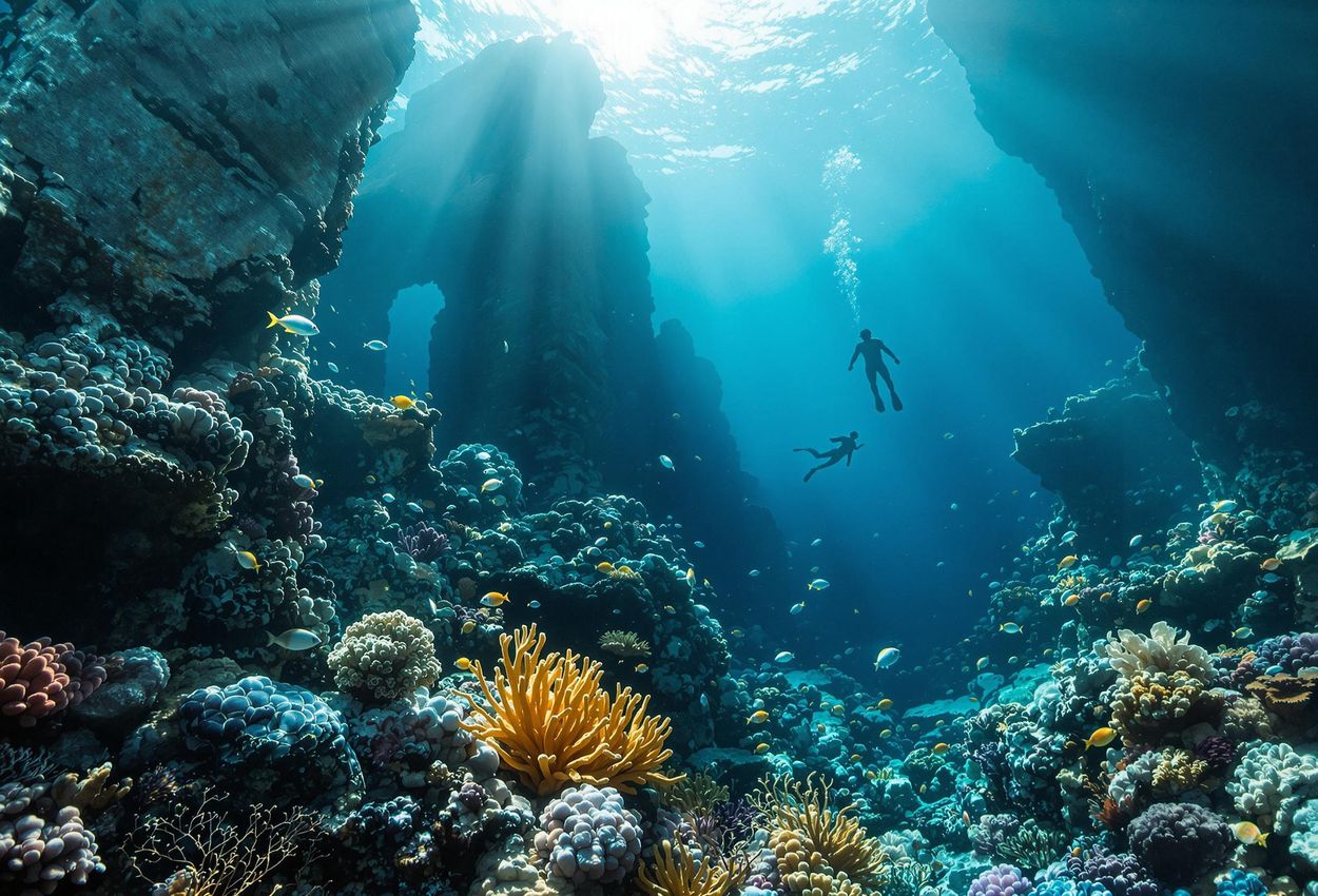 A lone diver explores the coral-encrusted ruins of Atlantis, with sunlight filtering through the water in a mesmerizing underwater scene.