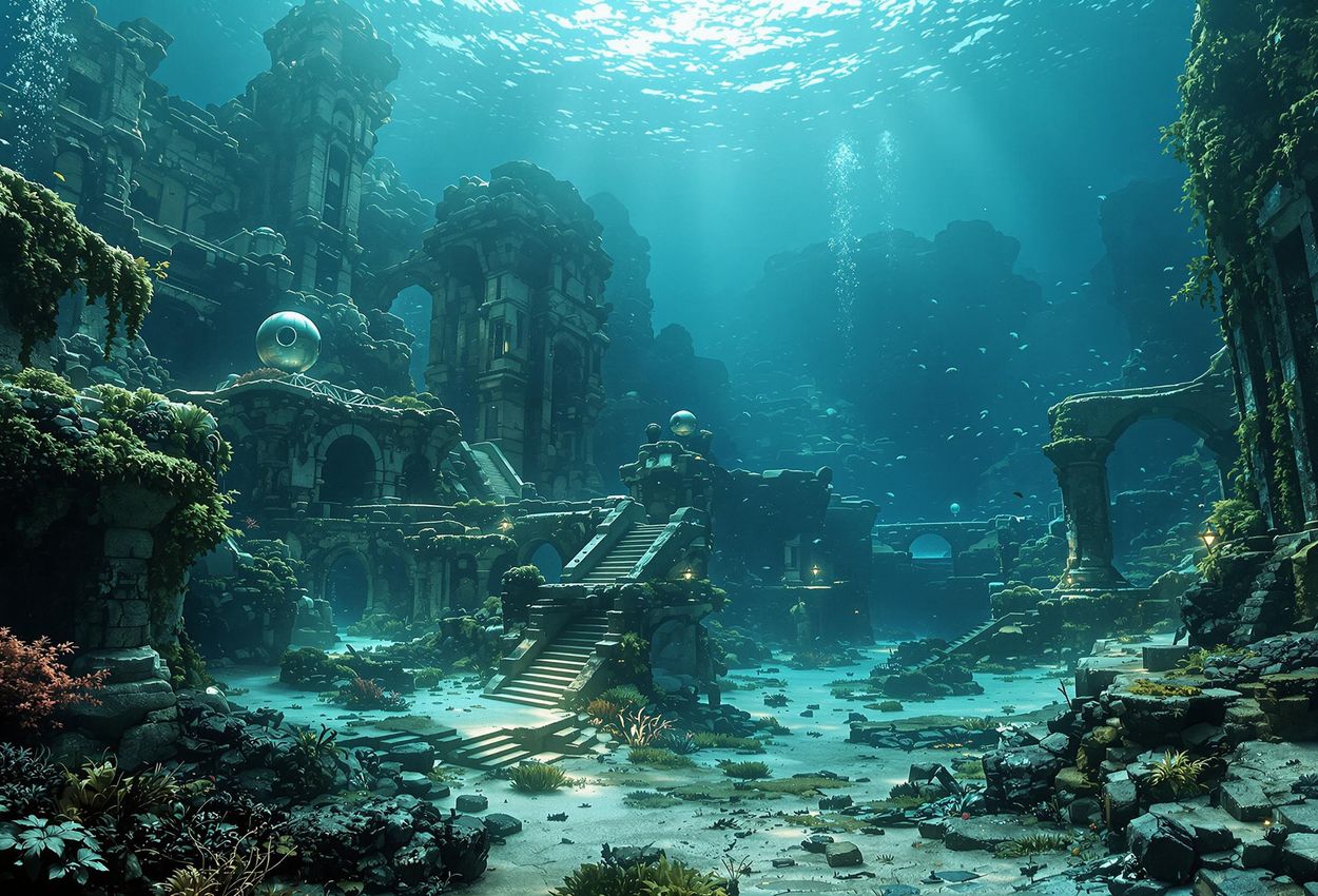 A stunning photograph capturing the serene and awe-inspiring ruins of Atlantis, an ancient underwater city illuminated by bioluminescent marine life.