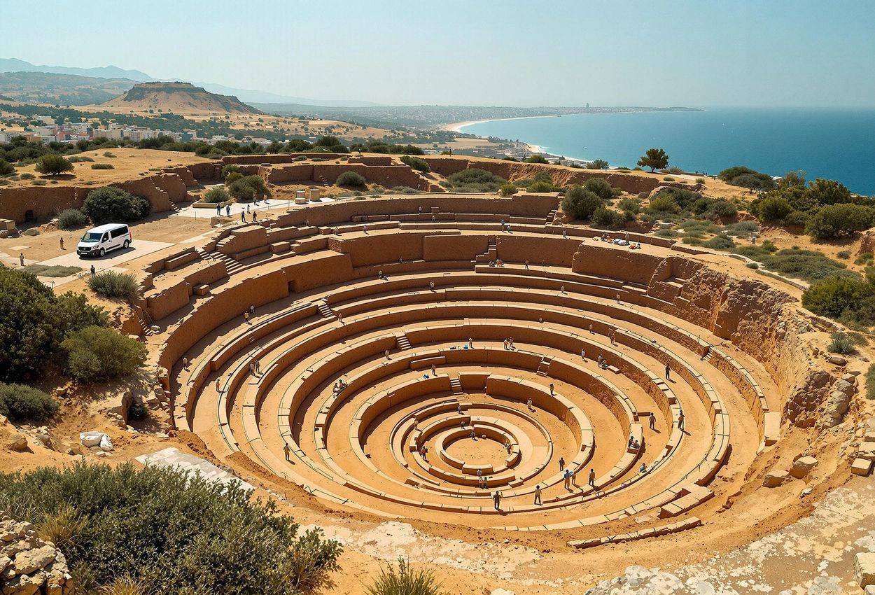 An aerial photograph of an active archaeological dig in Cádiz, Spain, revealing concentric circular structures and archaeologists at work.