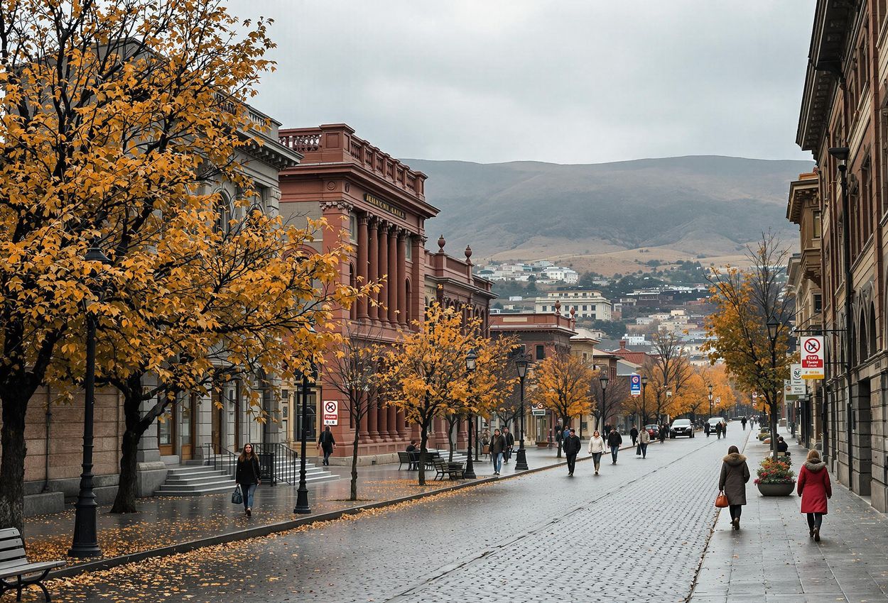A detailed photograph capturing the historic Kumayri district of Gyumri, Armenia, on November 1, 2025, featuring 19th-century architecture, autumn foliage, and pedestrians in seasonal attire under an overcast sky.