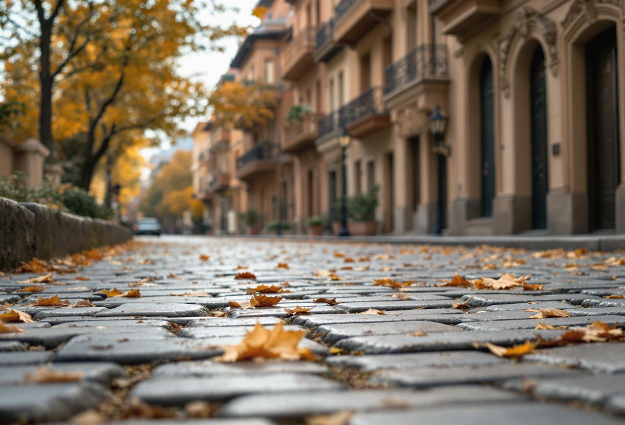 A detailed close-up photograph capturing the textures of a cobblestone street and historic 19th-century buildings in Gyumri