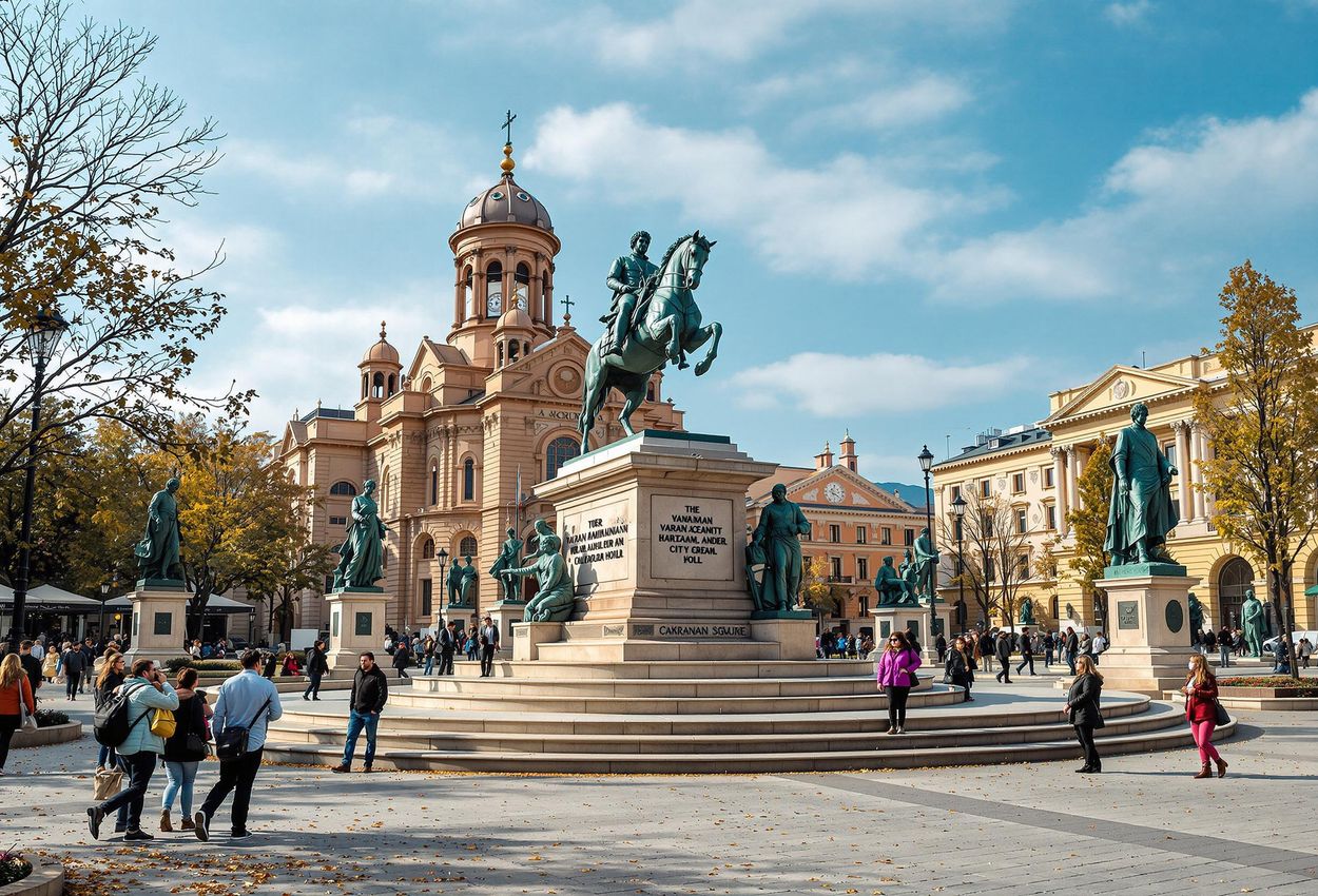 A detailed photograph of Vartanants Square in Gyumri, Armenia, featuring the equestrian statue of Vartan Mamikonian, historic architecture, and locals in autumn attire, taken on November 5, 2025.
