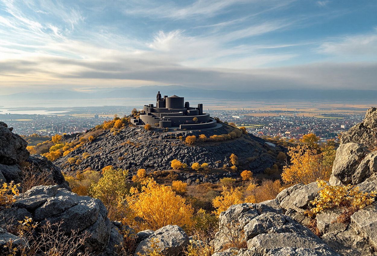 A panoramic photograph capturing the Black Fortress (Sev Berd) in Gyumri, Armenia, constructed from black volcanic tuff, with its circular design atop a hill. The city of Gyumri and the surrounding Shirak plateau stretch out in the background, with the Mother Armenia statue standing prominently nearby. The scene is bathed in the warm, golden light of late afternoon in early November, highlighting the fortress