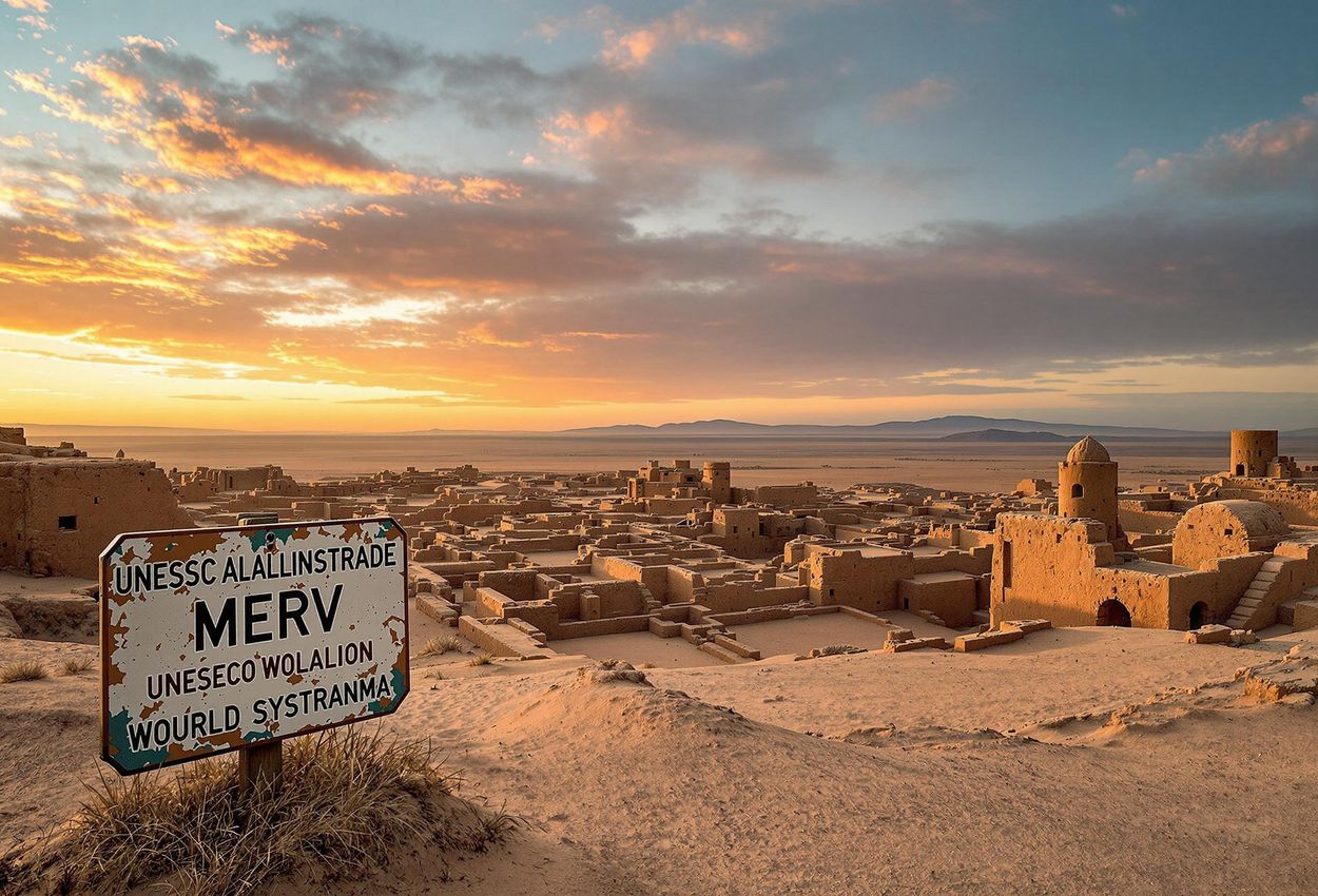 A panoramic photograph capturing the ancient ruins of Merv at sunset, with warm golden light highlighting the textures of the mud-brick structures and the vast Karakum Desert in the background.