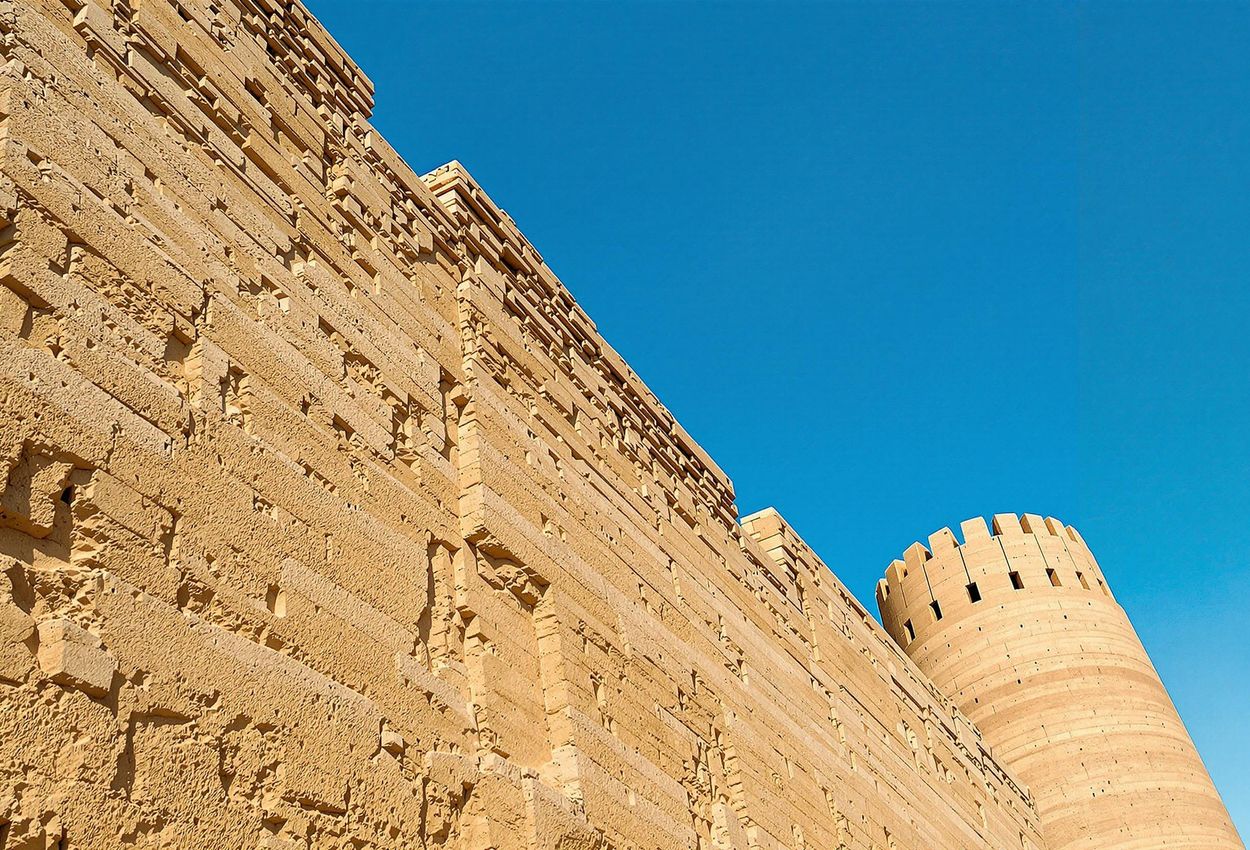 A detailed close-up photograph showcasing the towering mud-brick walls of Erk-Kala fortress in Merv, Turkmenistan, highlighting the intricate textures and patterns formed by centuries of weathering under a clear blue sky.
